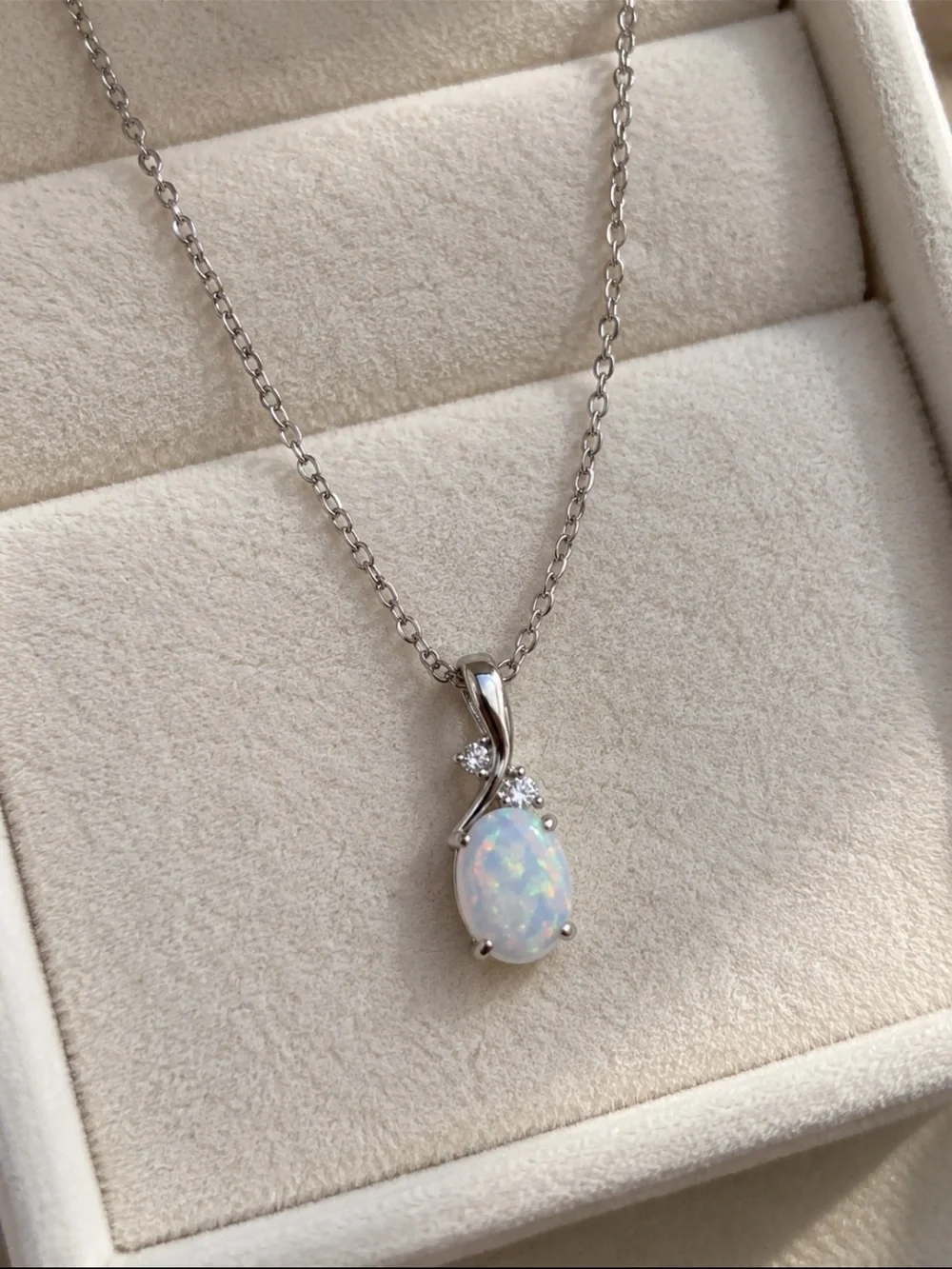 White Opal Solitaire Pendant Necklace Silver Oval 8MM October Birthstone 16-18”